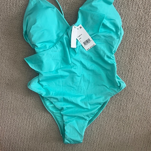 Trina Turk One-Piece Swimsuit Aqua Ruffle Front NWT Size 6 - Picture 2 of 3